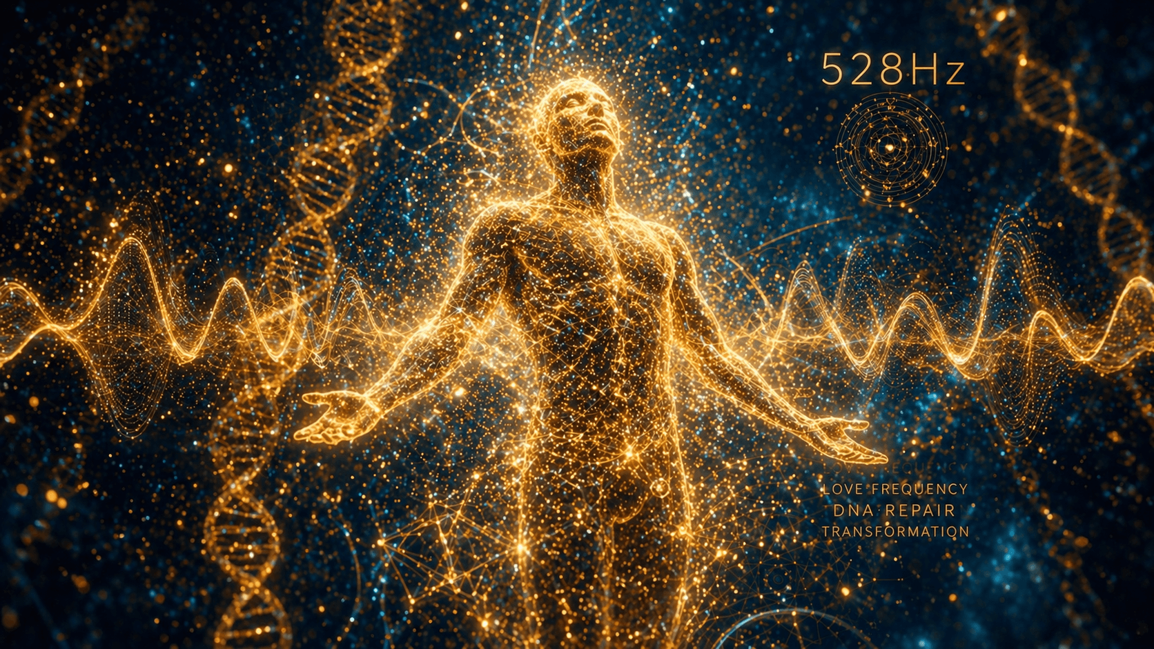 音の波動に反応して輝く人間の細胞とDNA。 528Hzや432Hzの周波数が遺伝子のスイッチを切り替えるという 科学的研究をテーマにしたヒーリング音楽のイメージ画像。