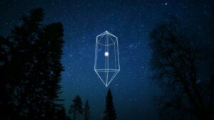星空の中に浮かぶ、光の線で描いた六角柱の結晶。ウォルター・ラッセル「光の結晶」432Hz瞑想音楽の映像より